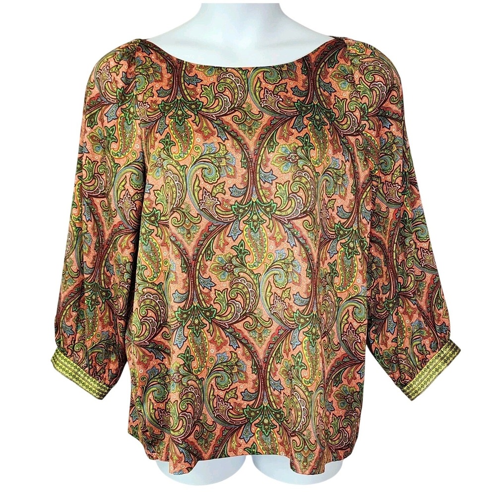 LOFT Blouse Womens L Orange Paisley 3/4 Sleeve Boat Neck Boho Career Top